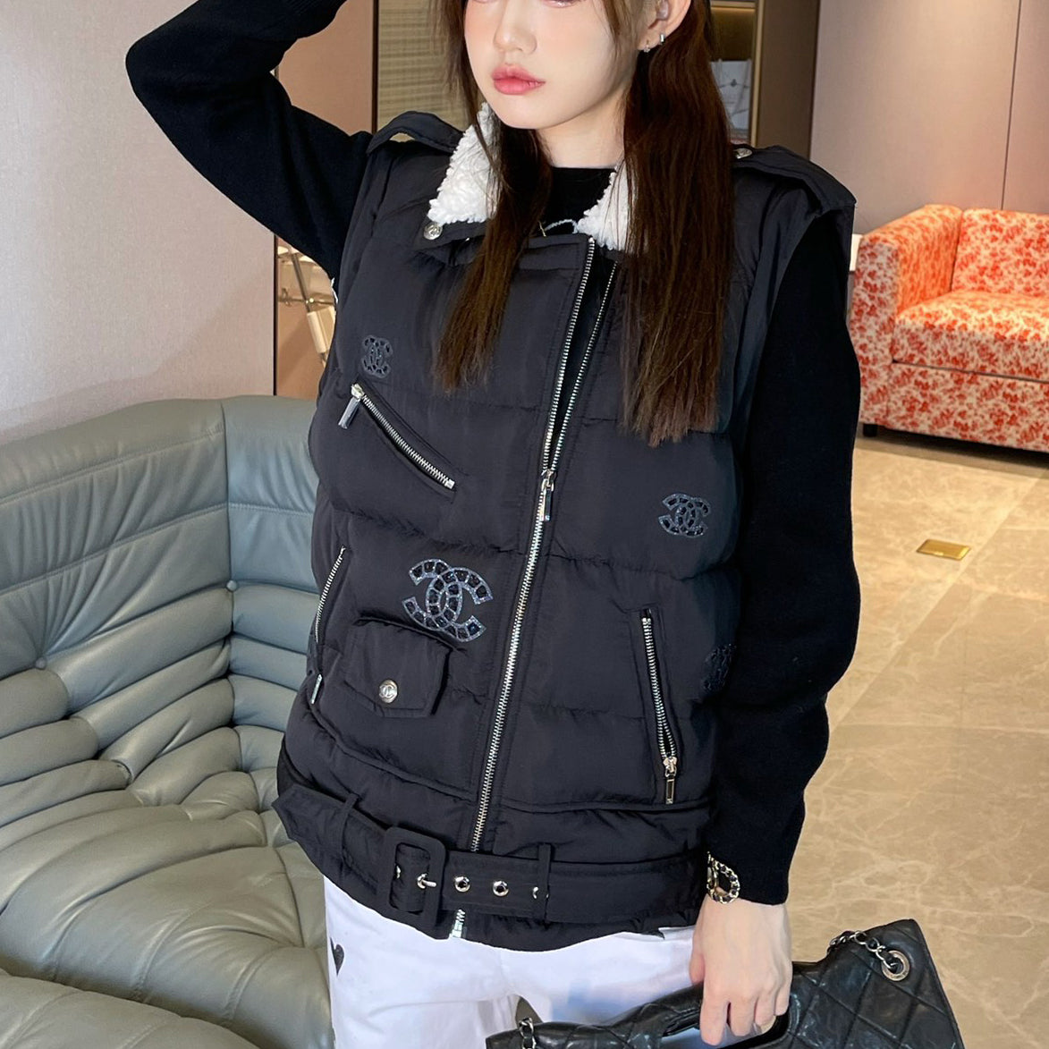 Fashionable fur collar down jacket with removable sleeves XC0723112212