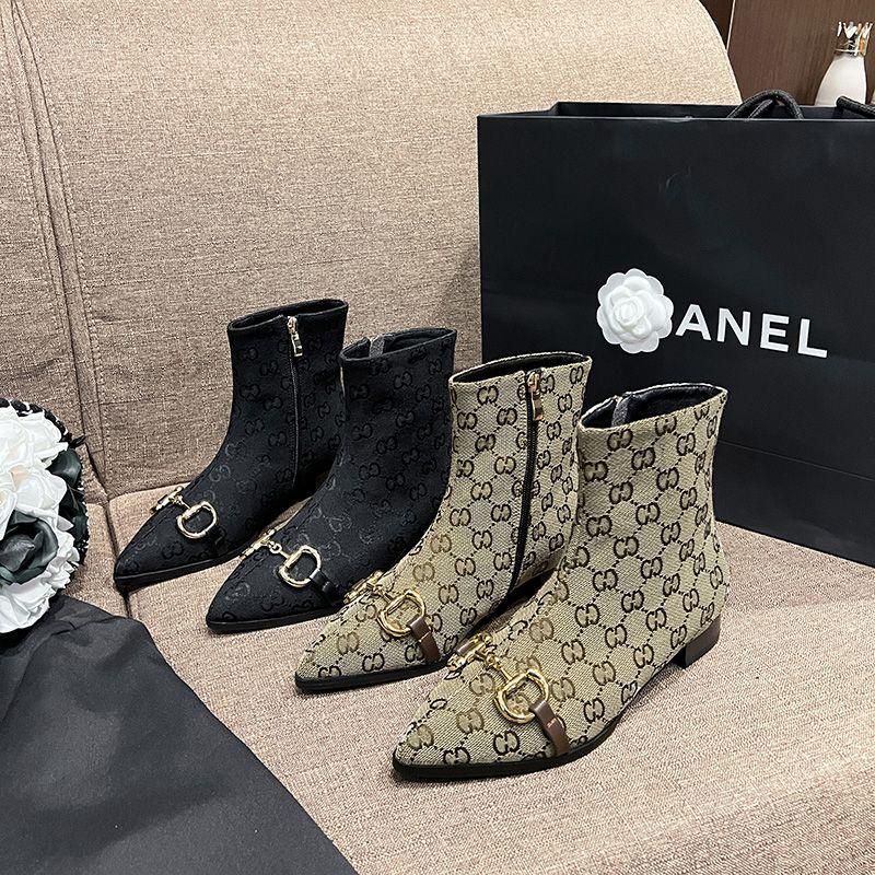 Letter Print Side Zip Canvas Short Block Heel Boots 0823112310