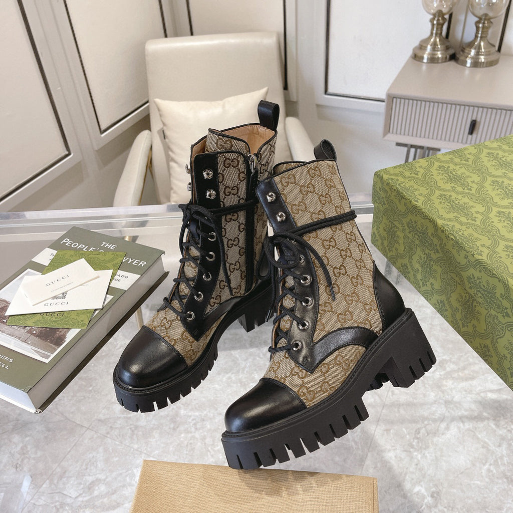 Jacquard canvas lace-up nude boots 0725102401