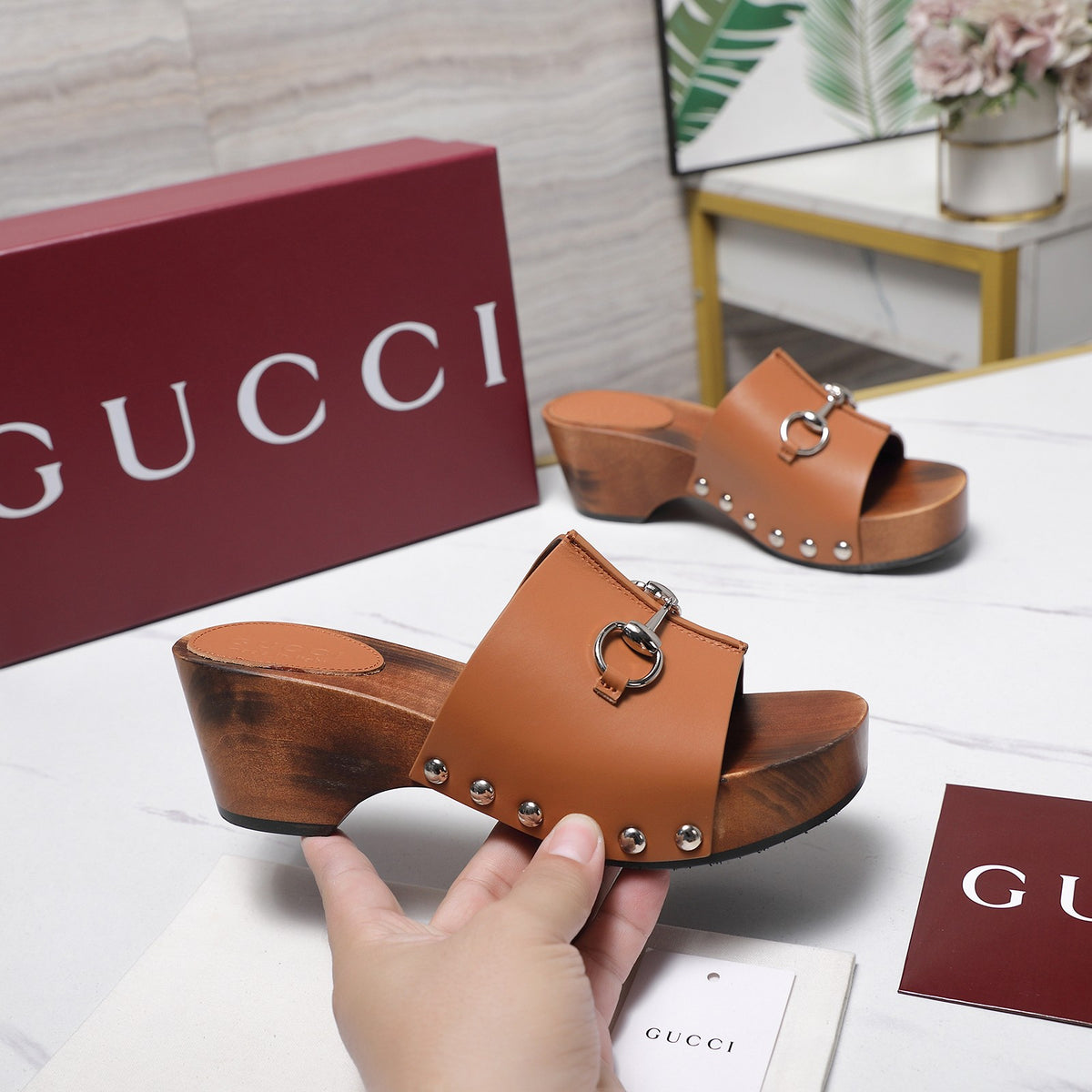 Stylish Women's Horsebit Buckle Solid Wood Platform Slippers 0726051902