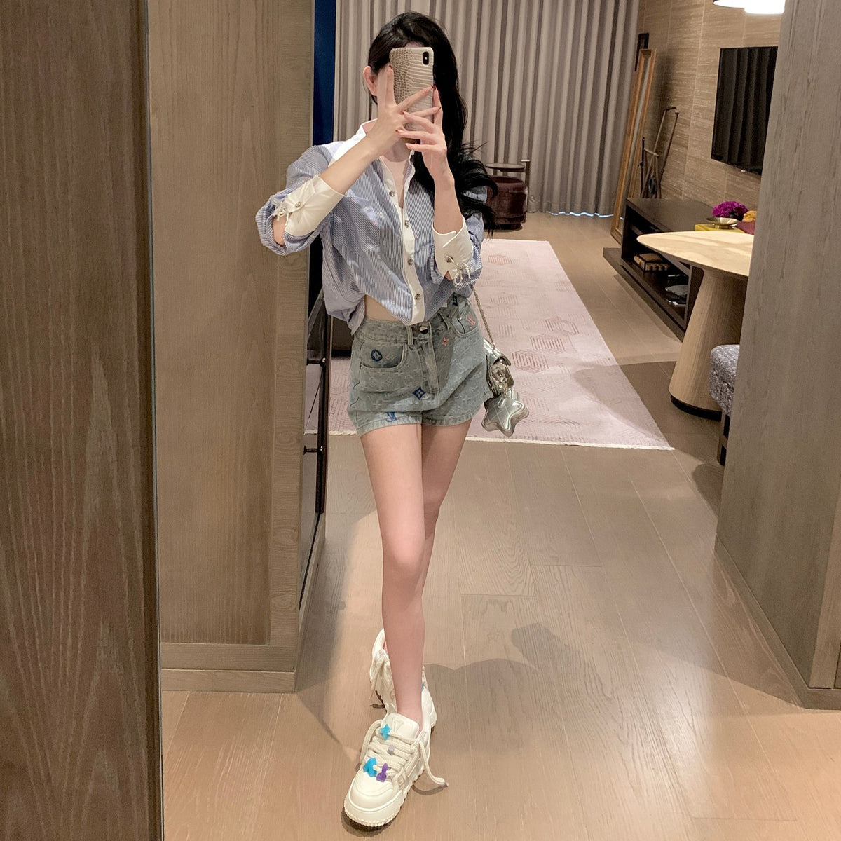 Embroidered jacquard denim shorts 1824042611