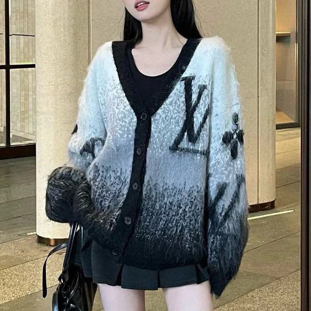 L's Gradient Grey Letter Mohair Cardigan 1024122303