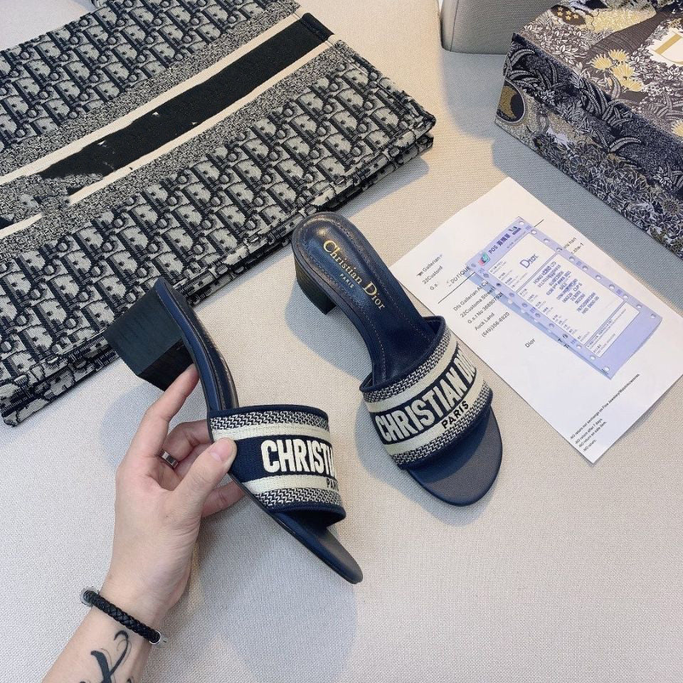 Floral D Logo Low Heeled Fashion Women's Slippers