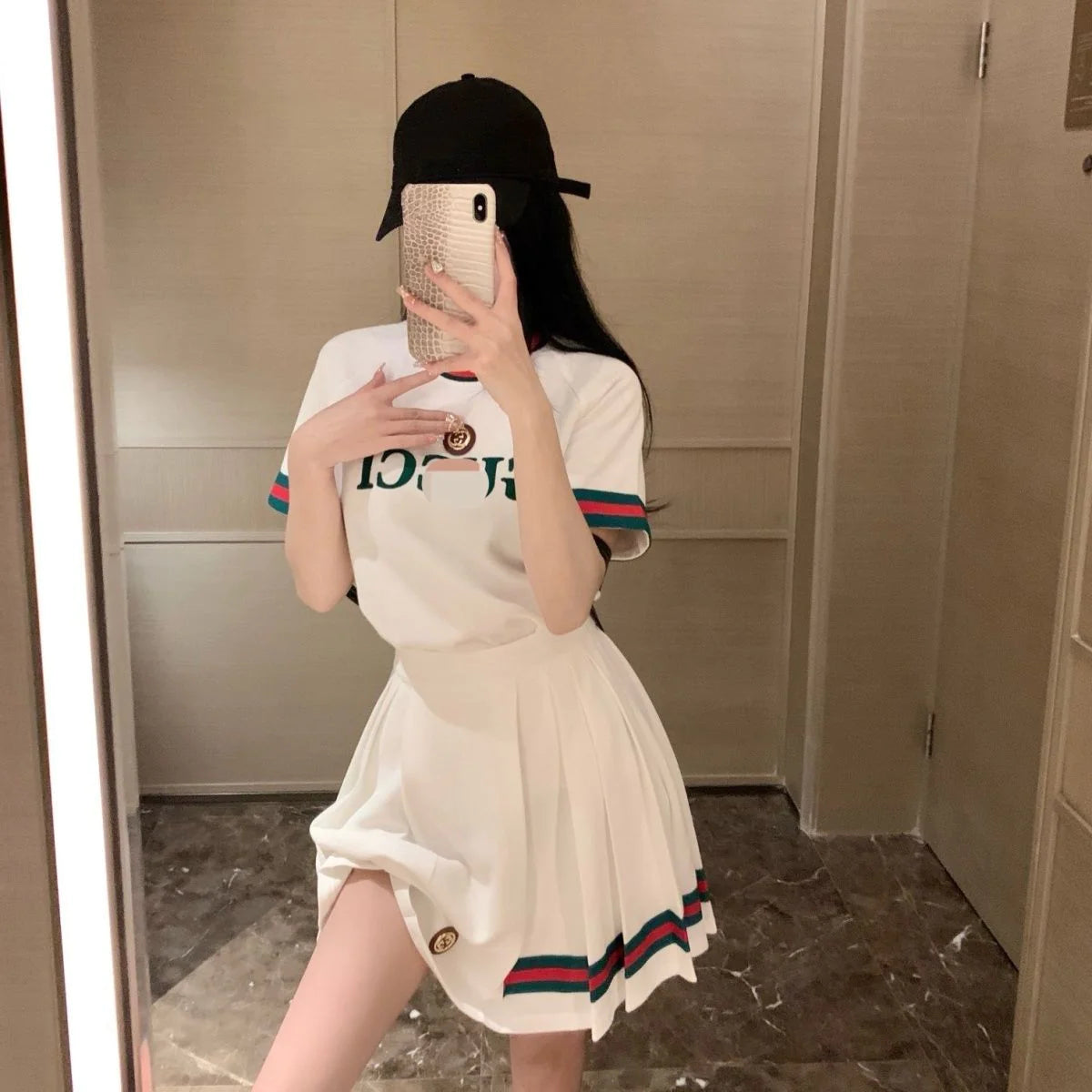 New Classic Embroidered Short-sleeved T-shirt Pleated Skirt Two-piece Set 1024031310