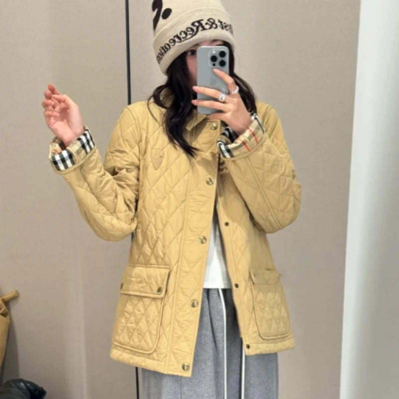 New Fashion Women Diamond Quilted Collared Jacket  DM1326091424