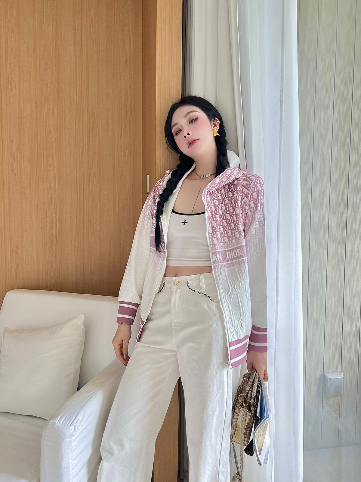 Jacquard letter smudged positioning print hooded jacket XC0823092719