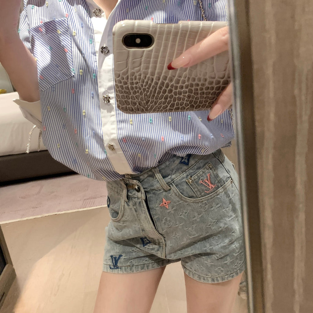Embroidered jacquard denim shorts 1824042611