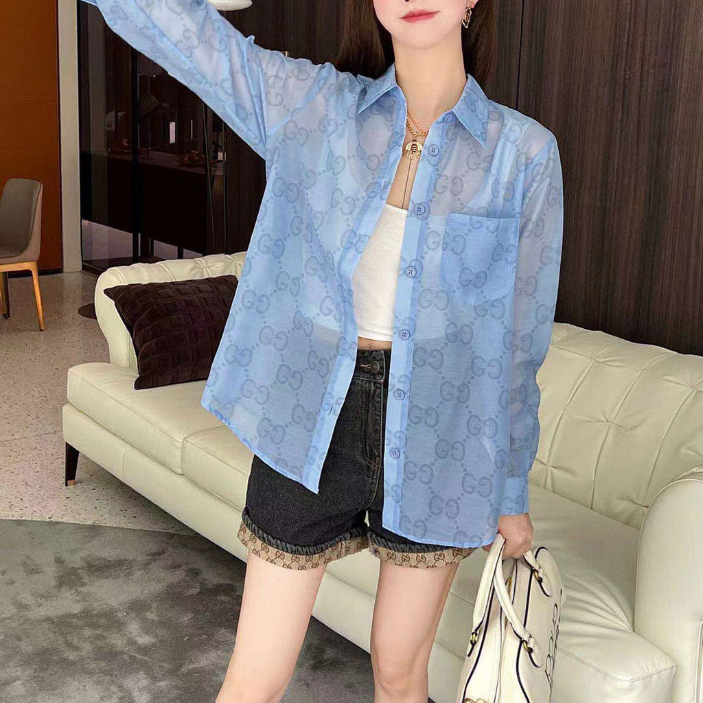 G Letter Print Lightweight Breathable Lapel Long Sleeve Shirt XC07061401