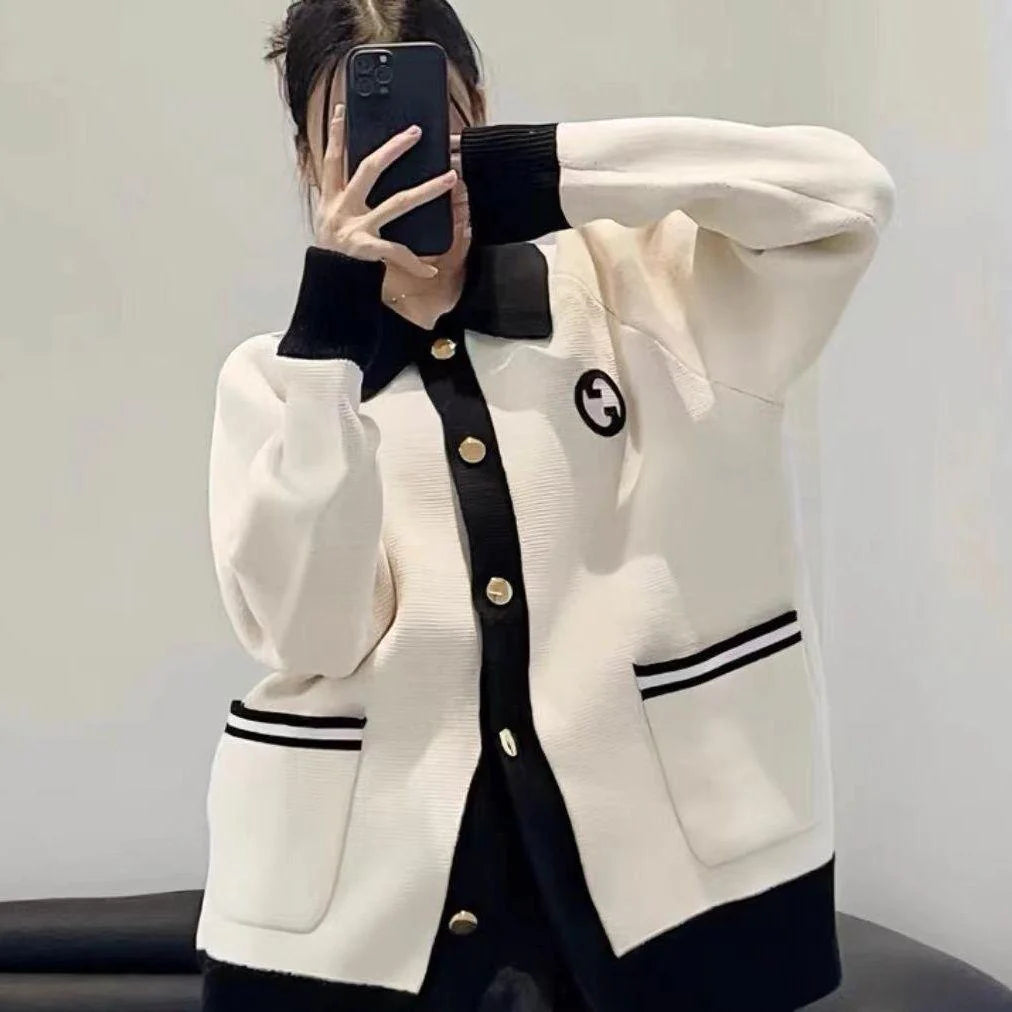 New Color Contrast Long Sleeve Casual Lar Knitted Cardigan Jacket 1024031512