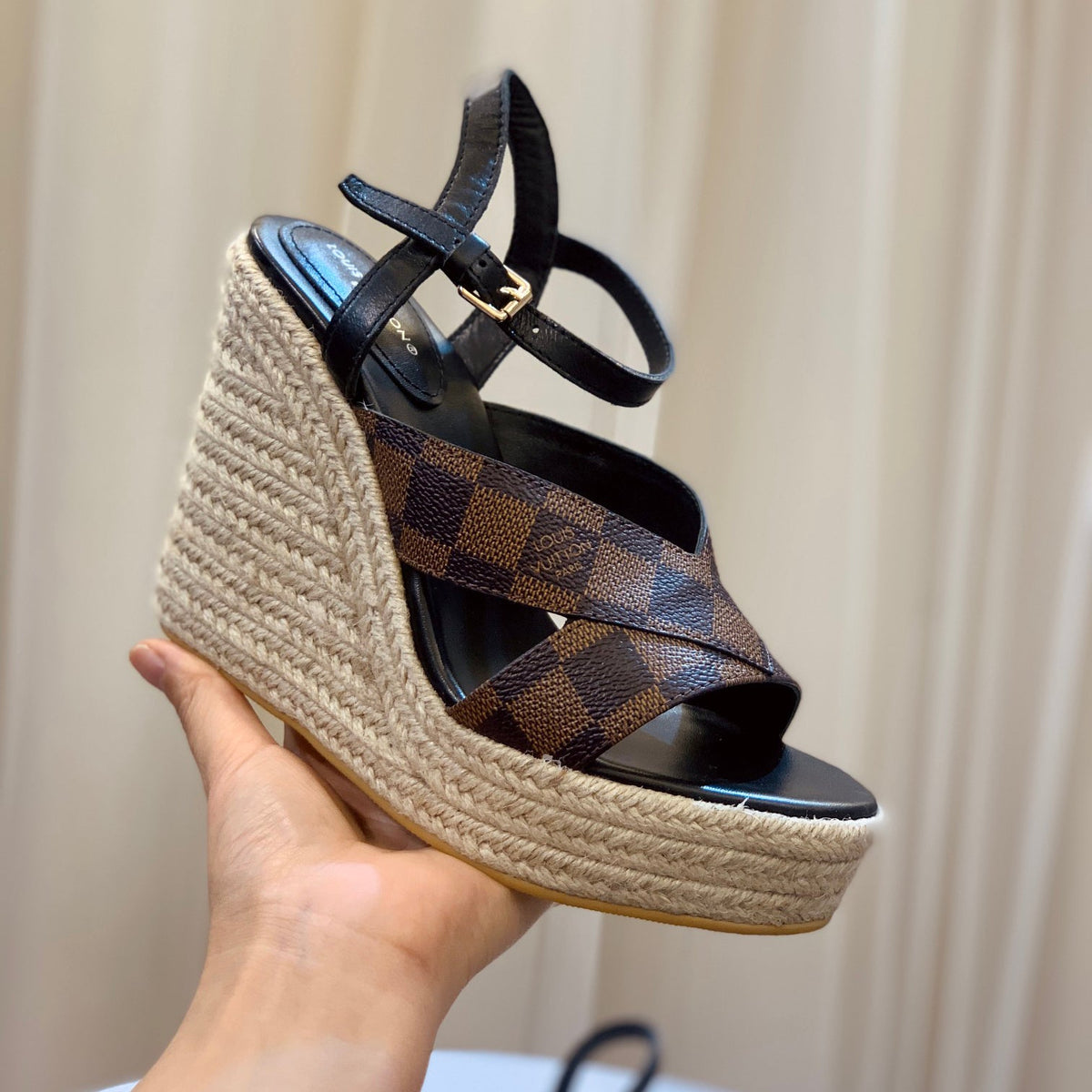 plaid print wedge sandals XC0723042607