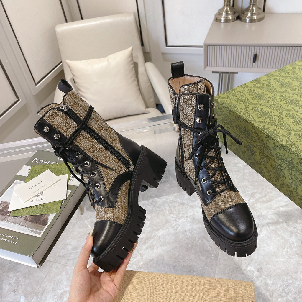 Jacquard canvas lace-up nude boots 0725102401