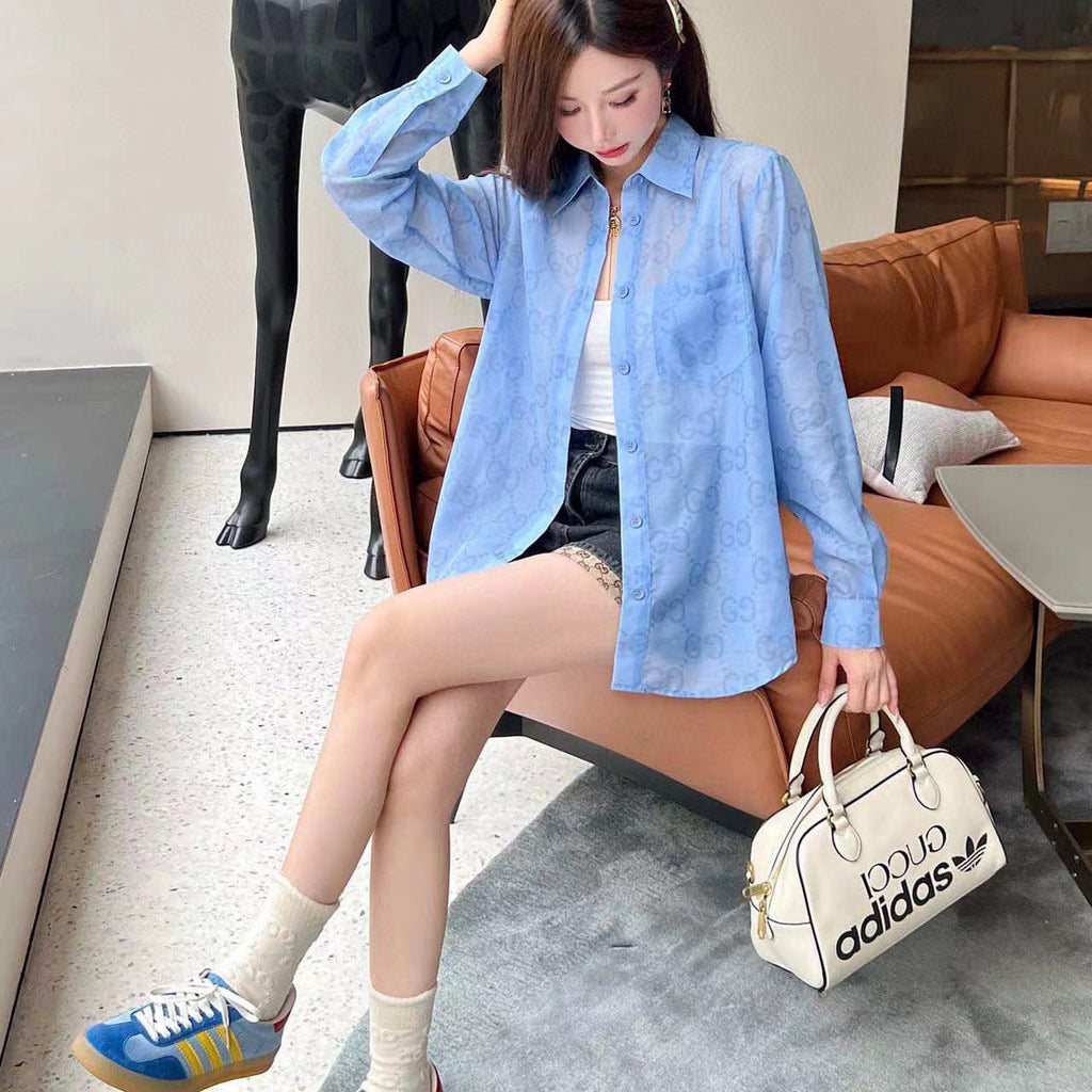 G Letter Print Lightweight Breathable Lapel Long Sleeve Shirt XC07061401