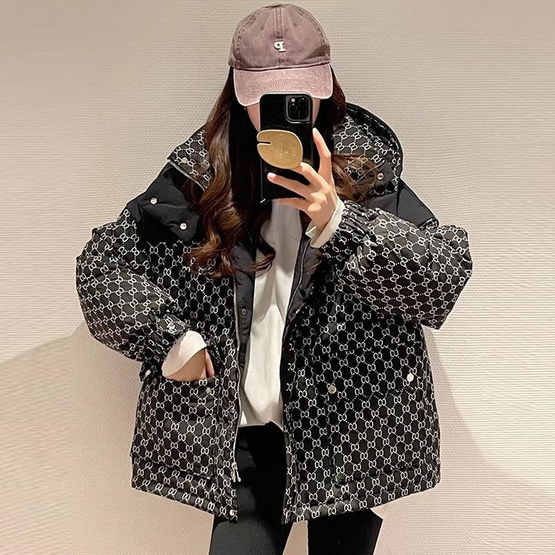 Printed Hooded Contrasting Color Down Jacket 0823112702