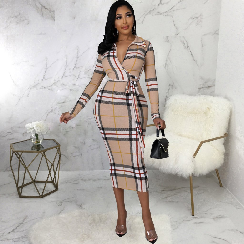 Fashion Long Sleeved Striped V-neck Wrapped Hip Dress 1023121505