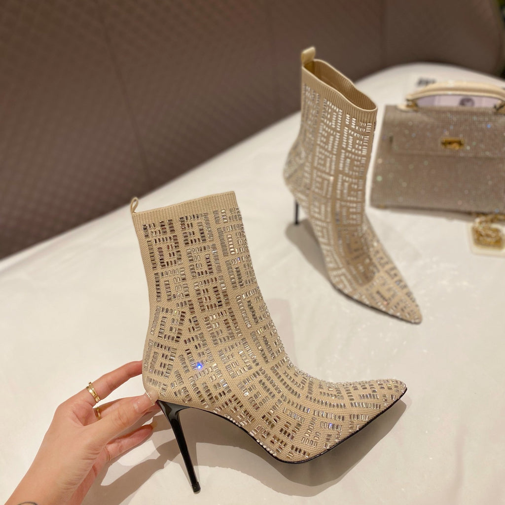 BRM Catwalk style pointed toe full diamond knitted ankle boots 0724090505