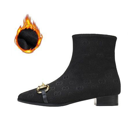 Letter Print Side Zip Canvas Short Block Heel Boots 0823112310