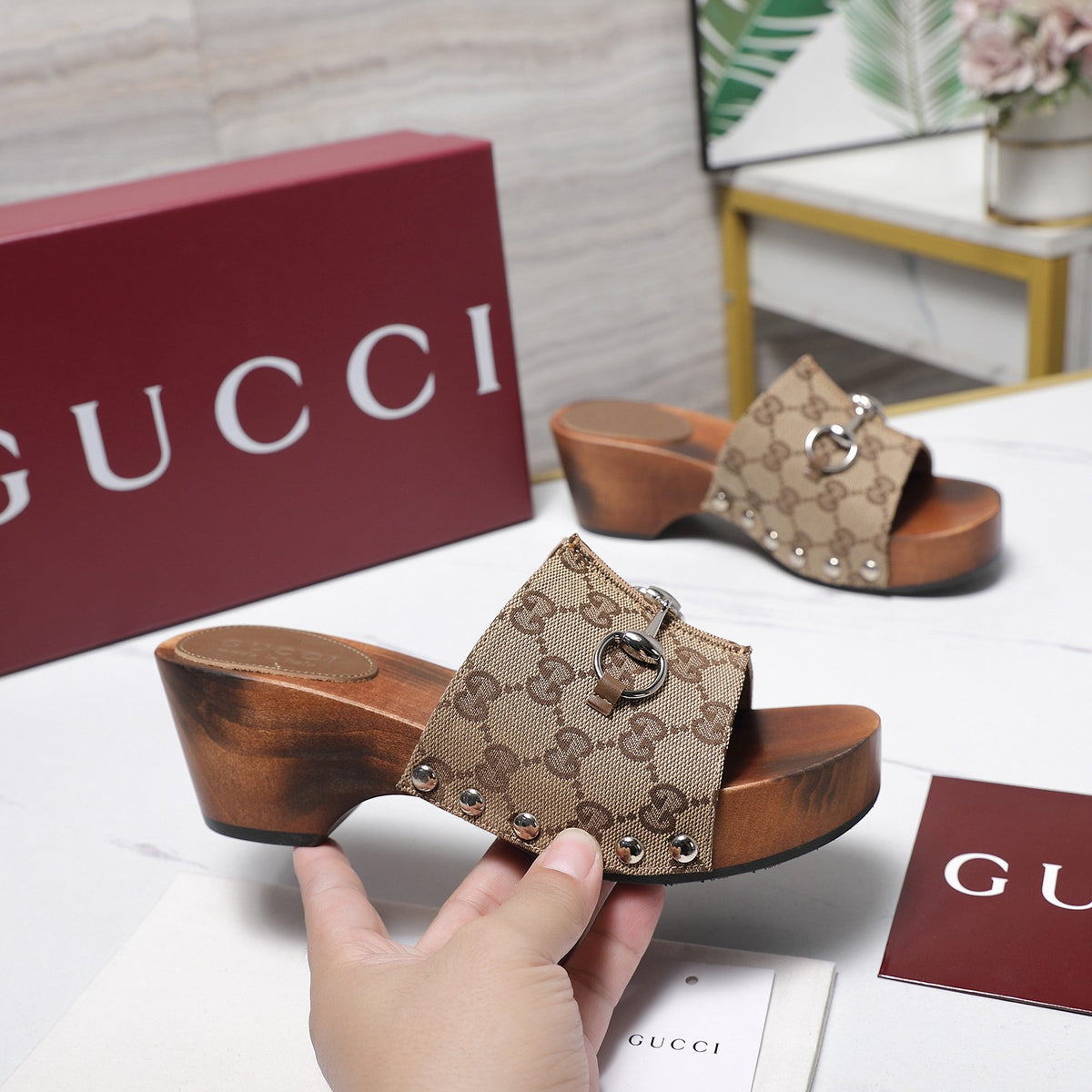 Stylish Women's Horsebit Buckle Solid Wood Platform Slippers 0726051902