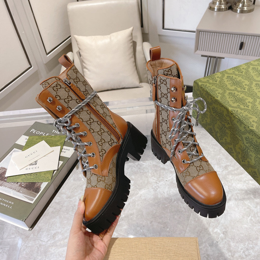 Jacquard canvas lace-up nude boots 0725102401