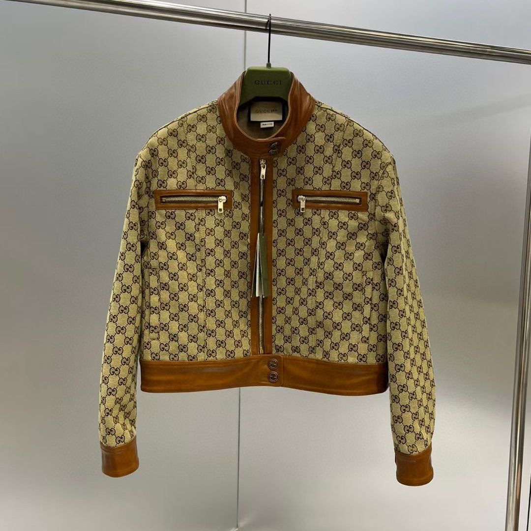 Full letter jacquard retro suit new stand collar jacket and leather jacket shorts two-piece set