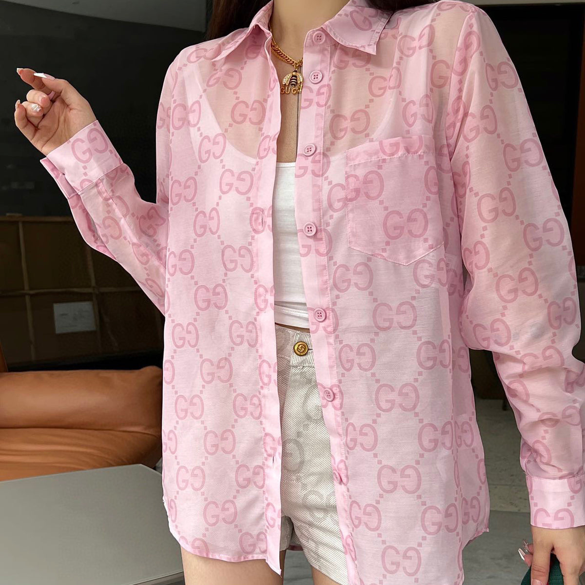 G Letter Print Lightweight Breathable Lapel Long Sleeve Shirt XC07061401