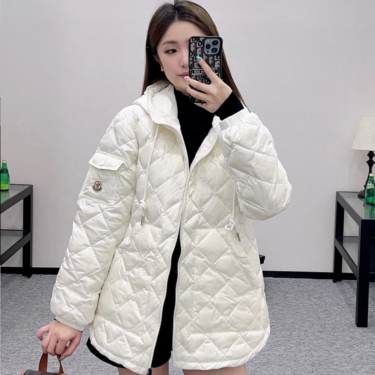Diamond pattern hooded drawstring down jacket 1426011309