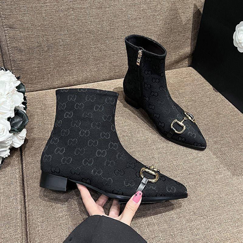 Letter Print Side Zip Canvas Short Block Heel Boots 0823112310