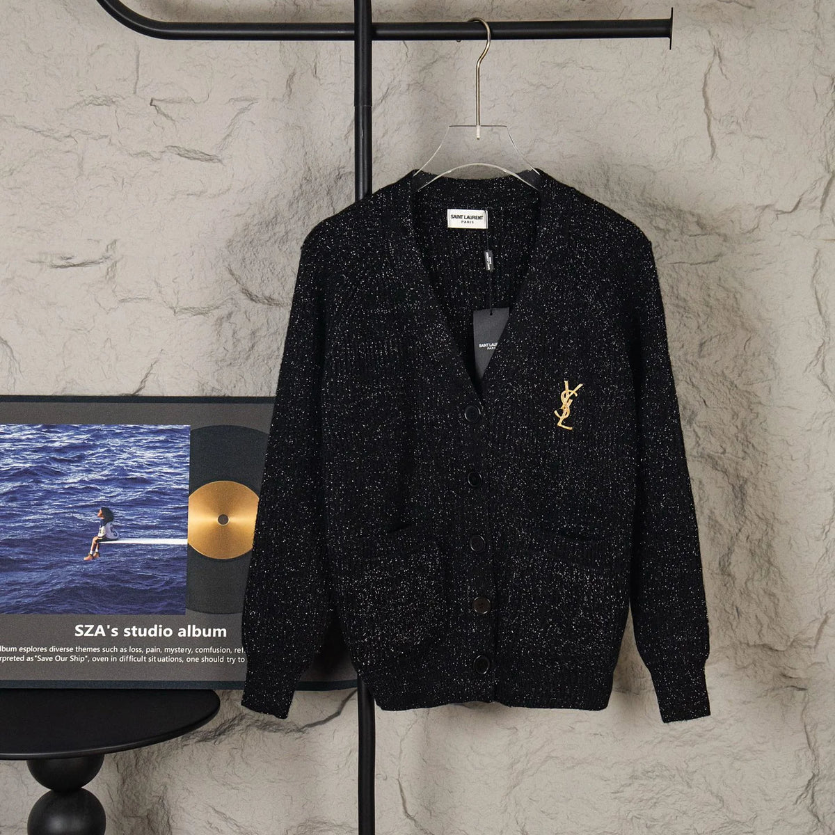 New black shimmering V-neck knitted cardigan 1426010901