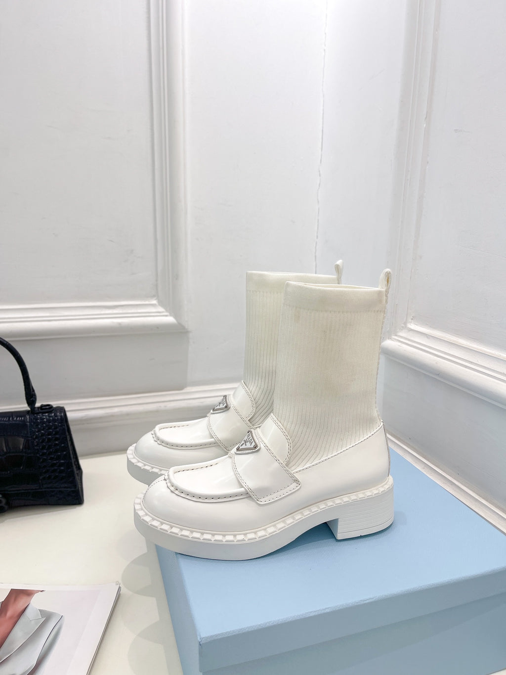 P thick-soled triangle logo socks ankle boots 0724112012