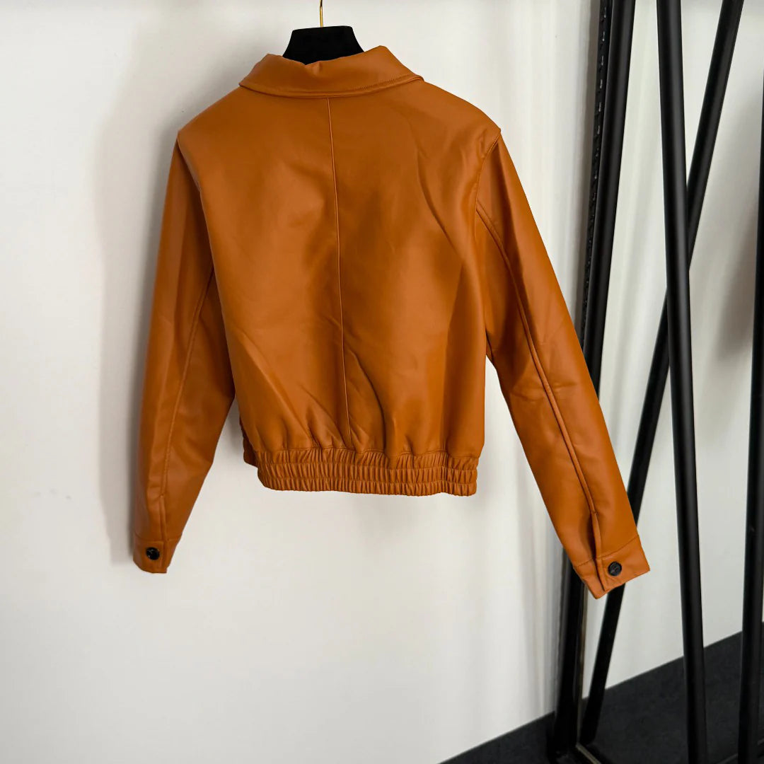 Embroidered Letter Collar Long-Sleeve Zipper PU Leather Jacket 1025092315