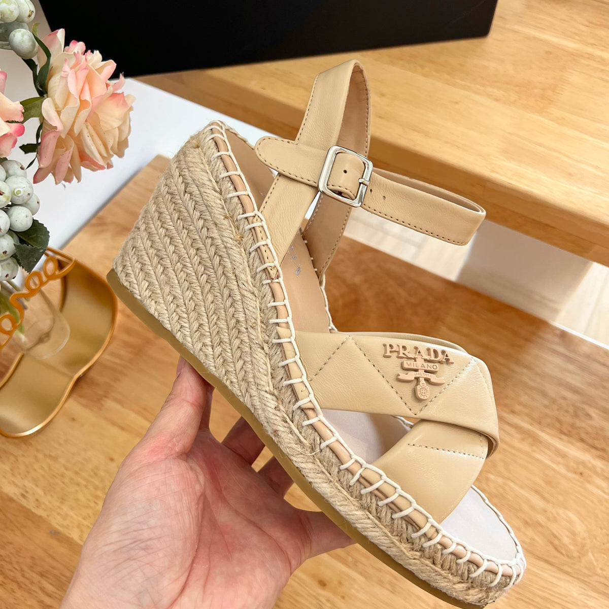 P Braided round toe wedge heel lace-up sandals bucket shoes 0724070904