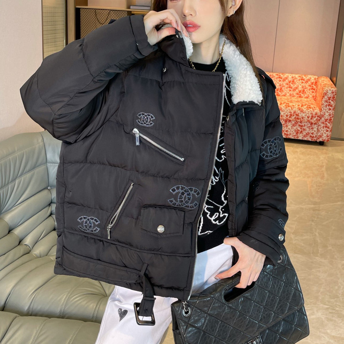 Fashionable fur collar down jacket with removable sleeves XC0723112212