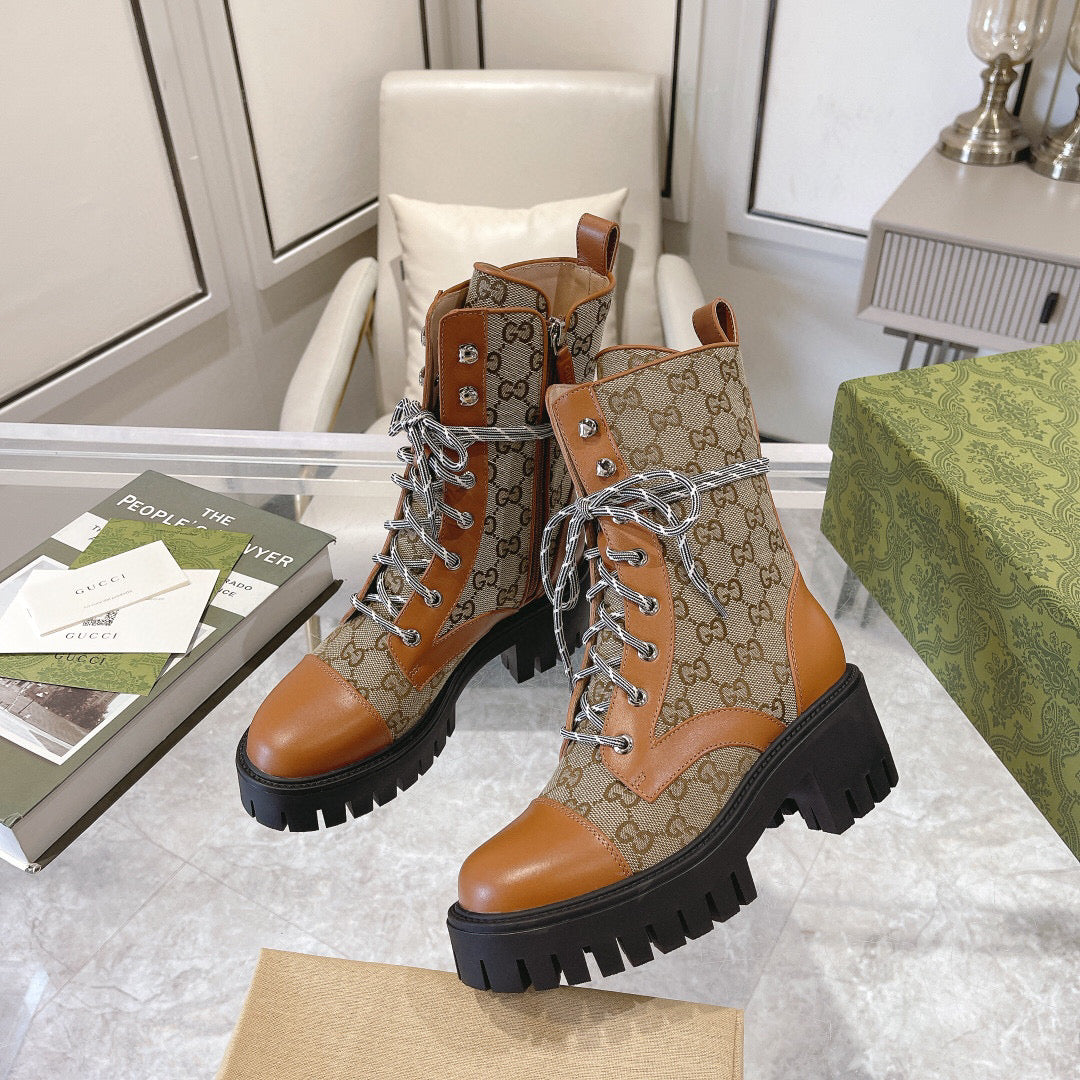 Jacquard canvas lace-up nude boots 0725102401