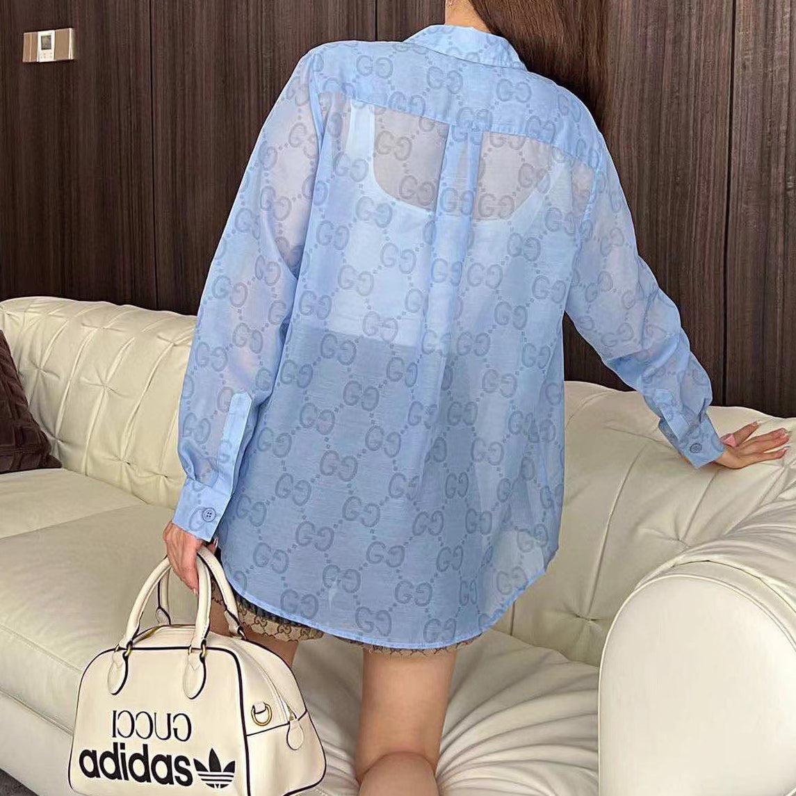 G Letter Print Lightweight Breathable Lapel Long Sleeve Shirt XC07061401