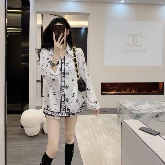 Small fragrance letter printing sky silk satin long-sleeved shirt loose temperament mid-length polo top tide