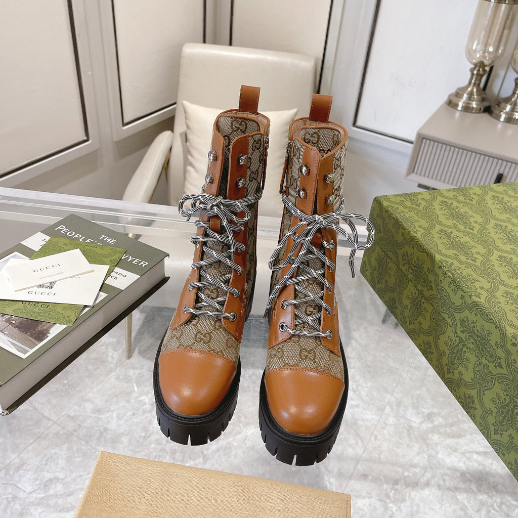 Jacquard canvas lace-up nude boots 0725102401