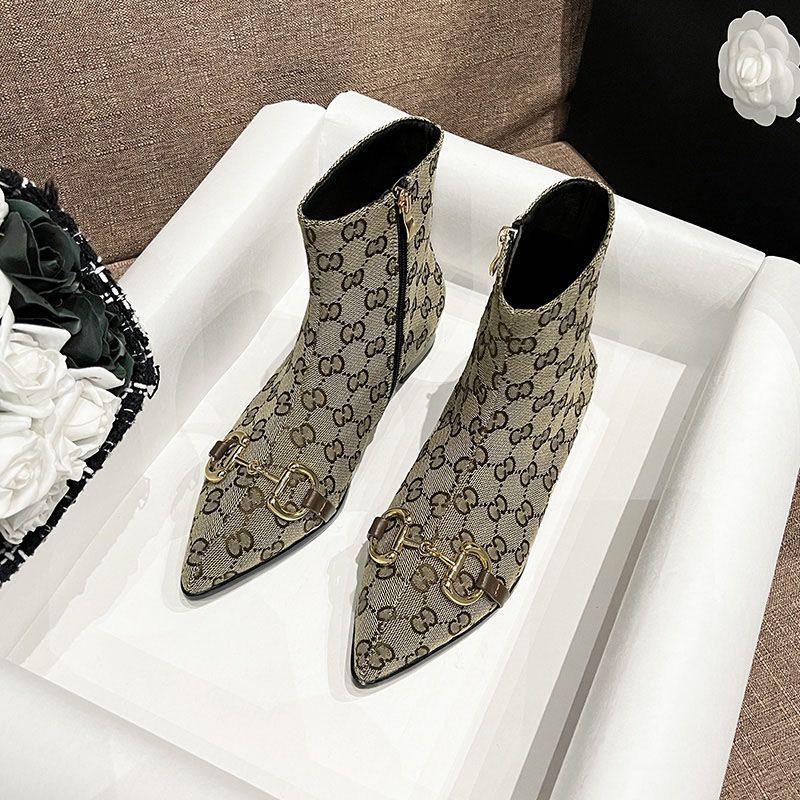 Letter Print Side Zip Canvas Short Block Heel Boots 0823112310