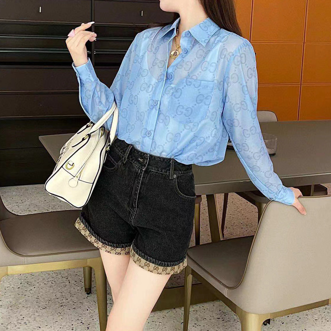 G Letter Print Lightweight Breathable Lapel Long Sleeve Shirt XC07061401