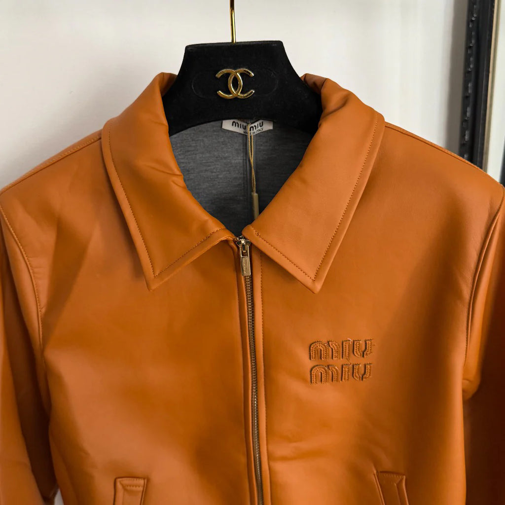 Embroidered Letter Collar Long-Sleeve Zipper PU Leather Jacket 1025092315