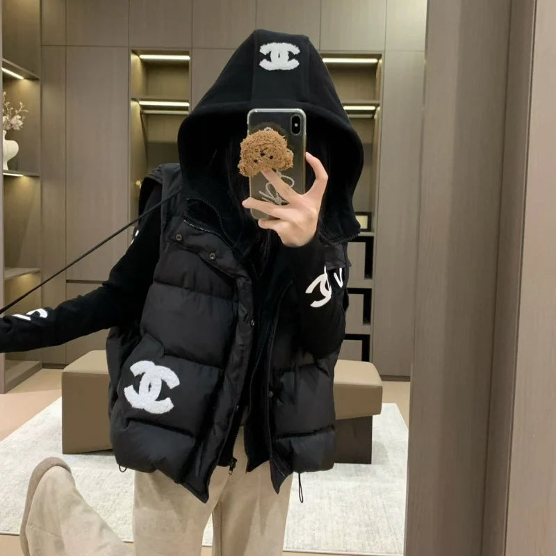 New Fashion Women's Logo Print Long Sleeve Top & Hooded Puffer Vest 2 Piece Set DM1326092009
