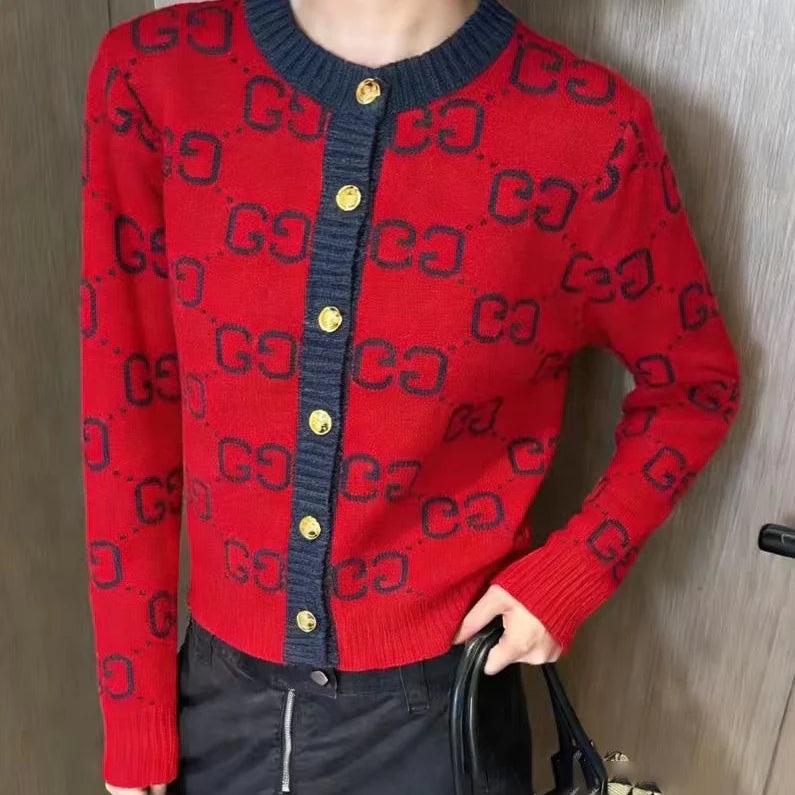New color-blocked round neck knit long-sleeved cardigan 1426010413