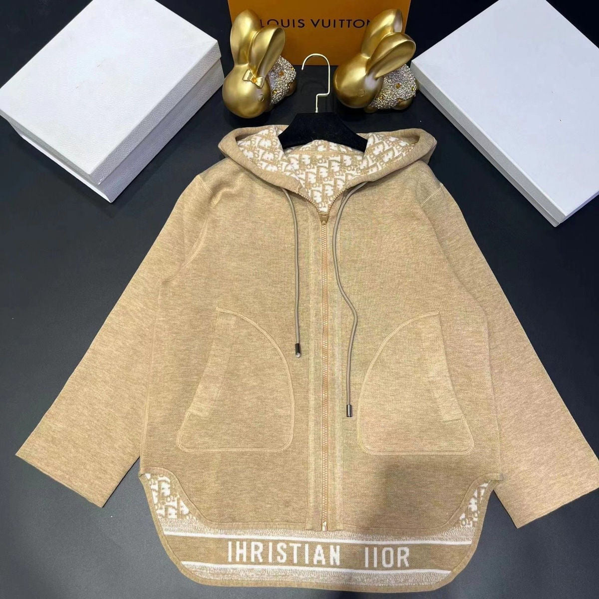 Stylish reversible zippered hooded knitted cardigan Hooded Coat  9000912004