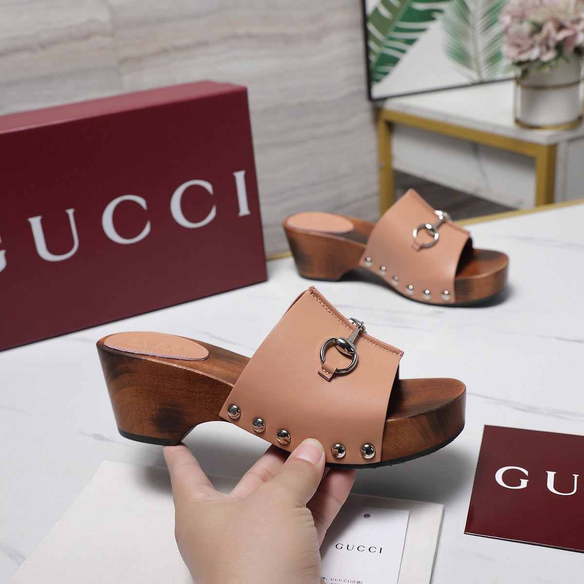 Stylish Women's Horsebit Buckle Solid Wood Platform Slippers 0726051902