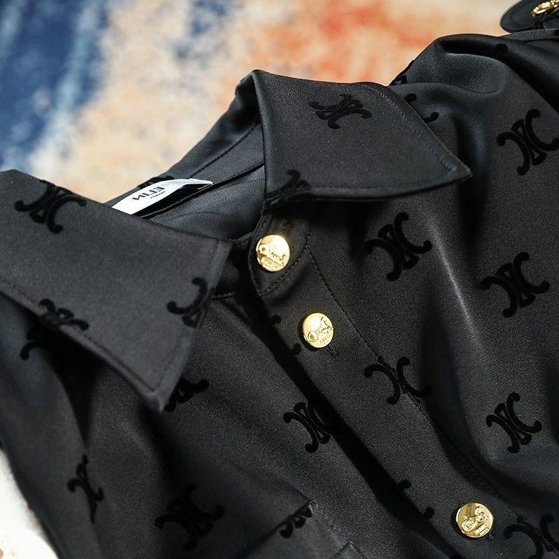 New Long Sleeve Flocking Satin Casual Print Shirt 1024042715