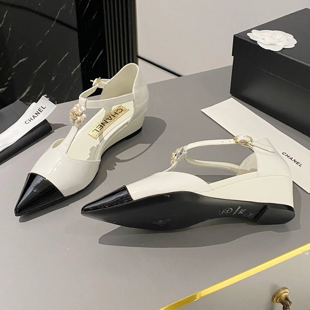 New fashionable patent leather pointed toe camellia wedge shoes 1024022204