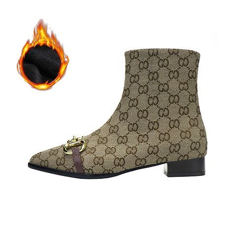 Letter Print Side Zip Canvas Short Block Heel Boots 0823112310