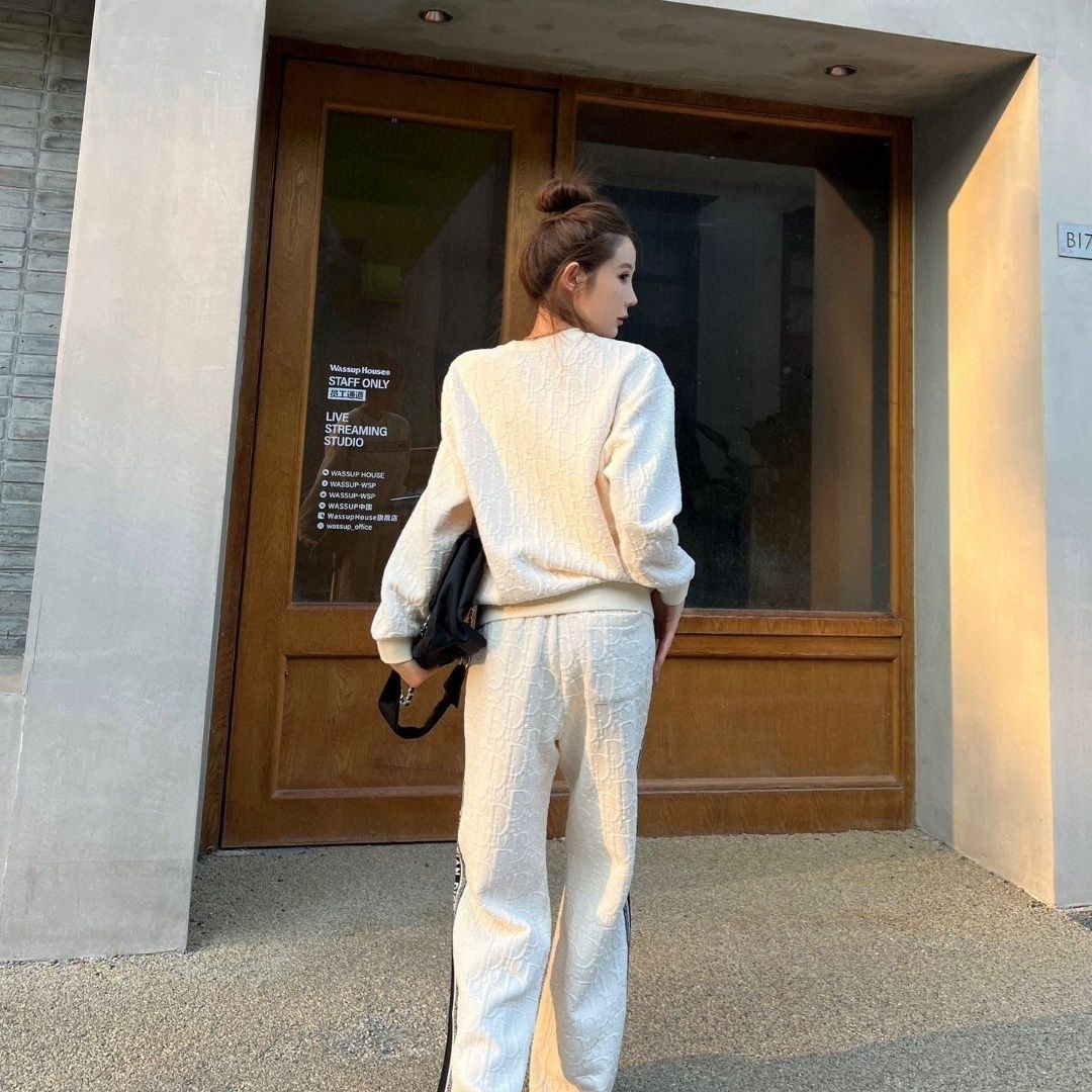 Autumn Jacquard Letters Round Neck Sweater. Straight Casual Pants Two-Piece SetPD052024011011