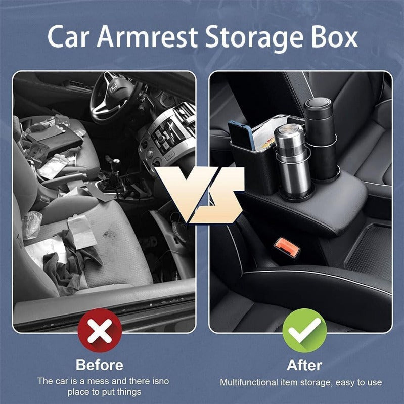 Armrest Organizer with Twin Fold-Flat Cup Holders