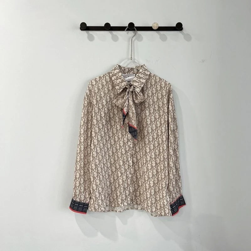 New Fashion Women's Bow‑Tie Printed Long Sleeve Blouse PD1326091010