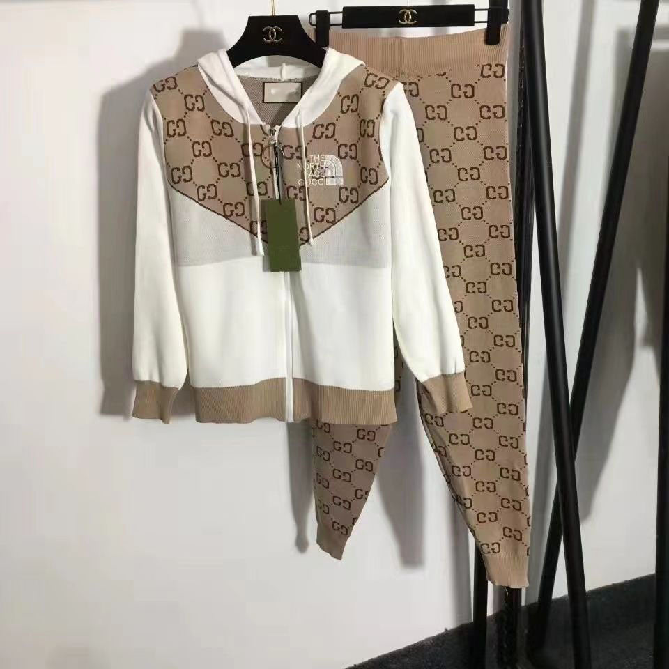 New fashion knitted casual cardigan hooded letter top + knitted pencil pants two-piece suit   S09