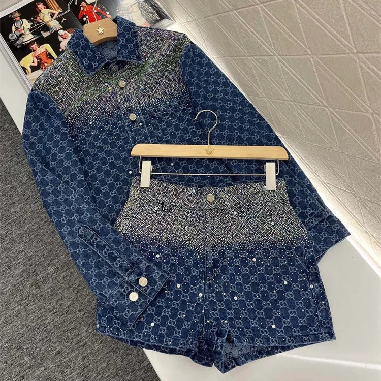 New Arrival Lapel jacquard hot diamond shirt fashion shorts　1025042810